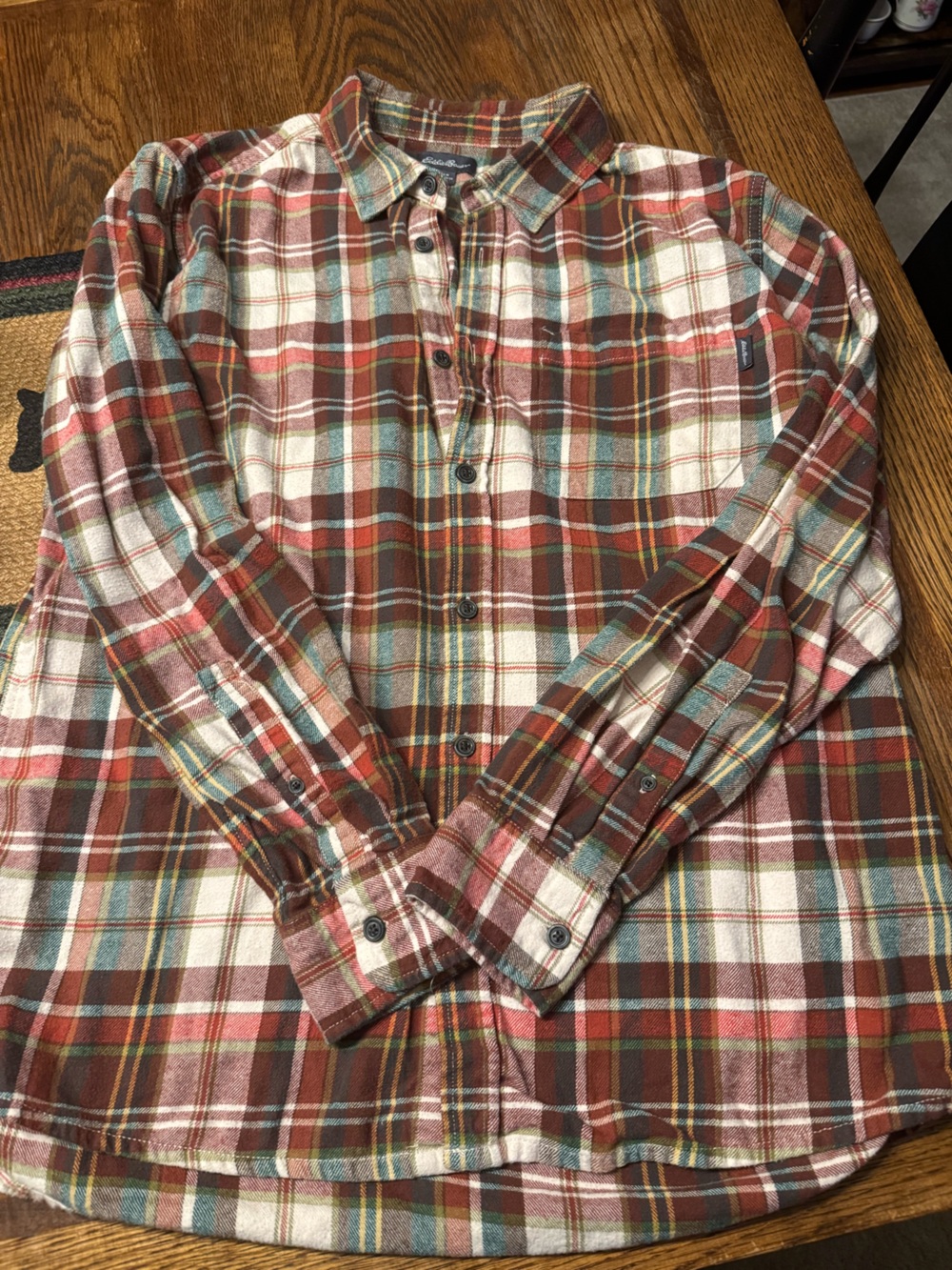 Eddie Bauer Red and Cream Plaid Button-Down Shirt